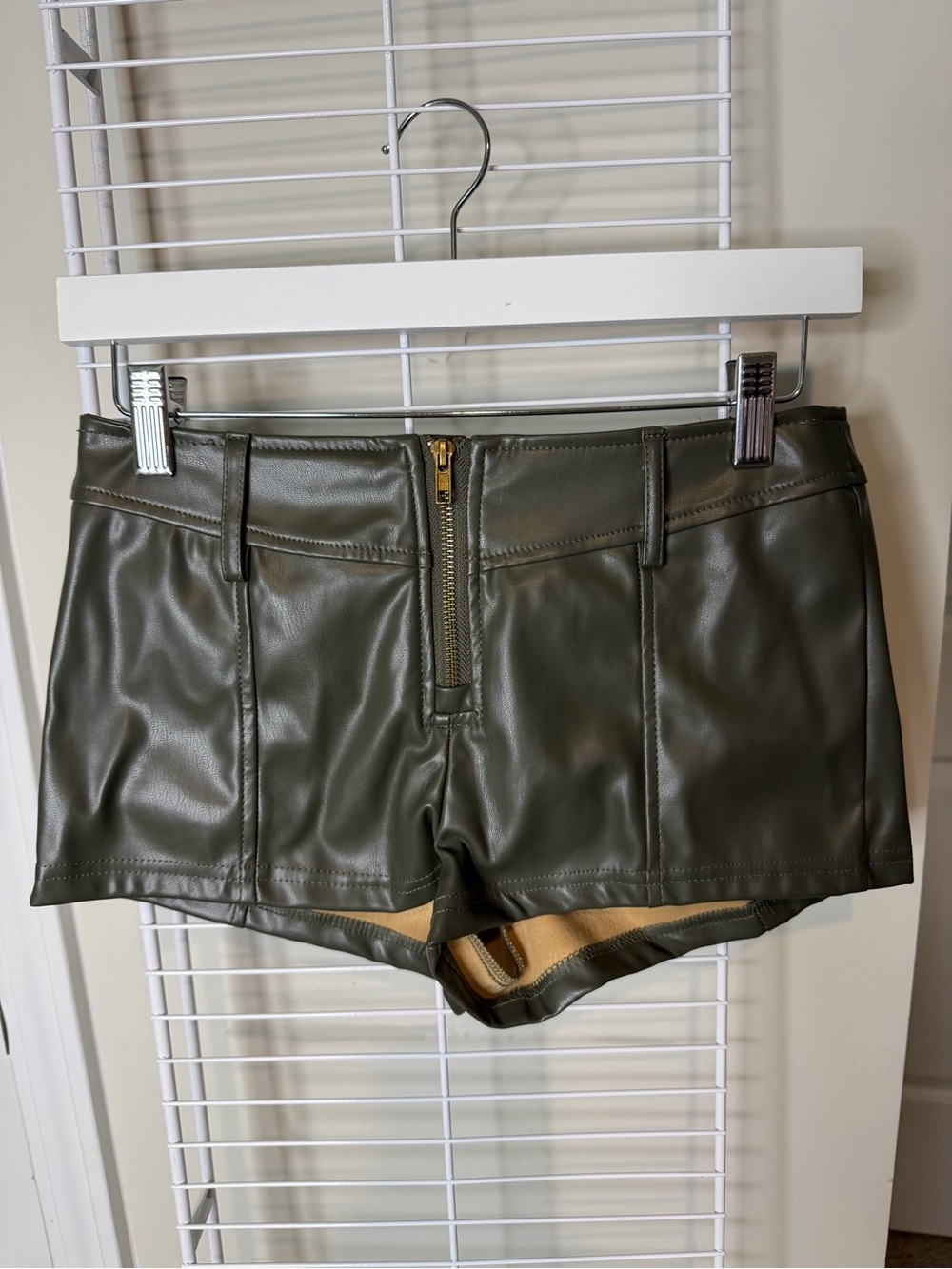 SHEIN Olive Green High-Waist Faux Leather Zip Front Shorts